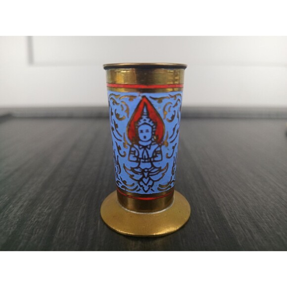 Brass Salt Pepper Shaker Toothpick Holder Tray Etched And Decorated With Enamel - Picture 9 of 10